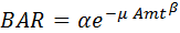BAR equals alpha*exp(-mu*Amt^beta)