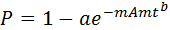 P equals a exp(-mAmt^b)