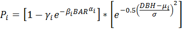 P equals (1 - gamma * exp(-beta * BAR ^ alpha)) * (exp(-0.5*((DBH - mu)/sigma)^2))